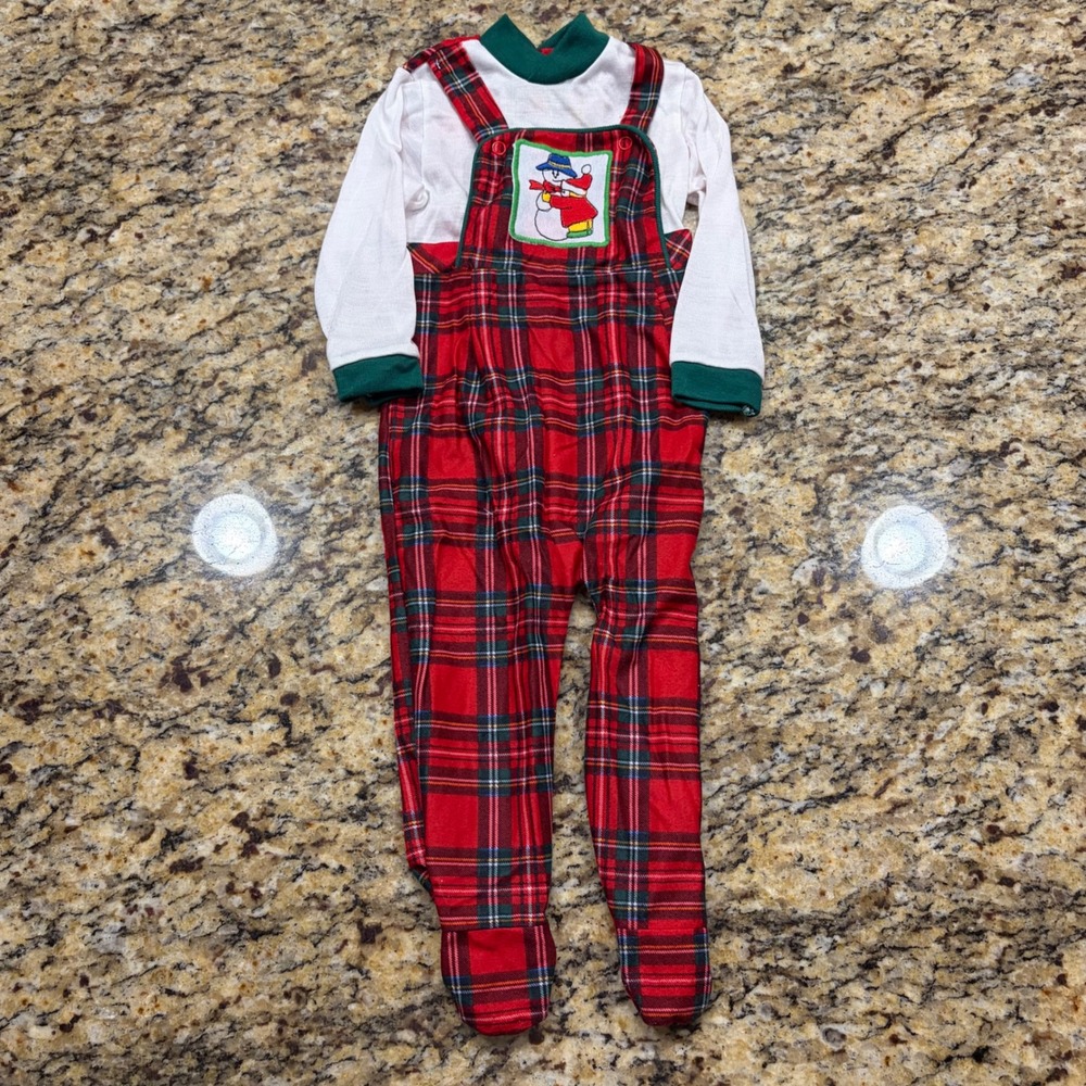 Vintage Dr Denton Christmas Plaid Footed Sleeper Snowman Red Green Medium Kids